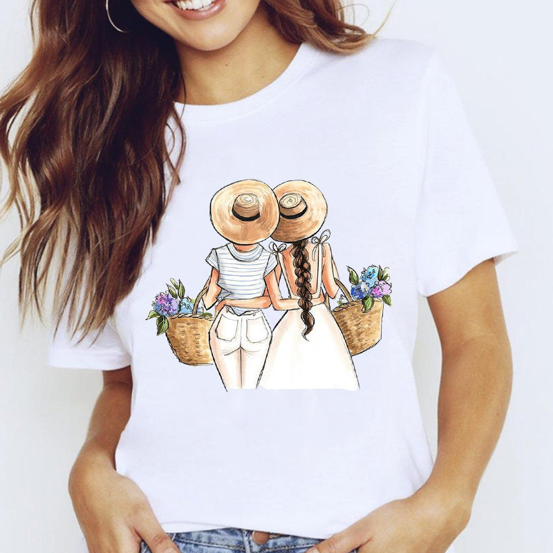 Travel Vacation Girl Fashion Girl Print T-shirt Short Sleeve